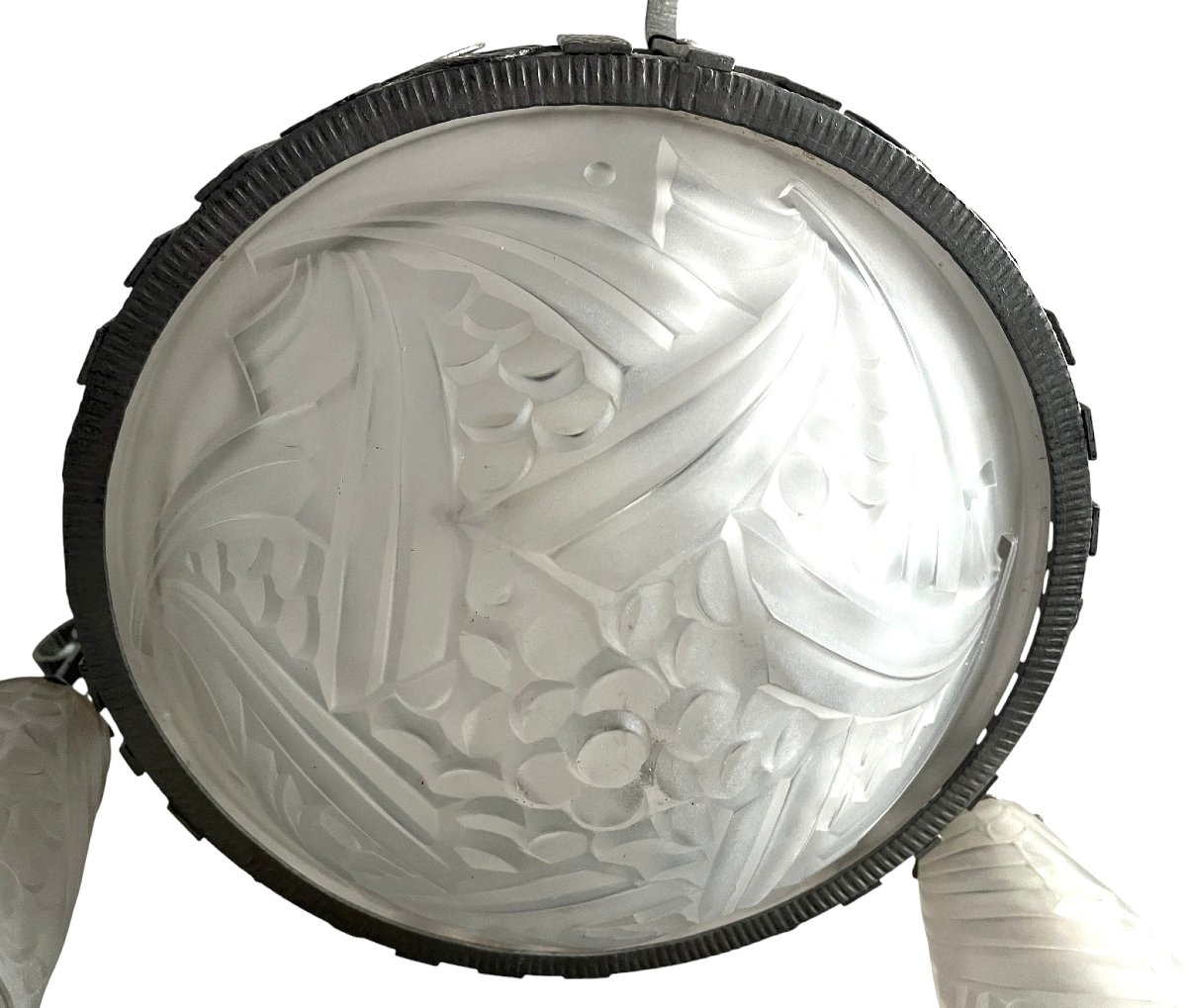Art déco, lustre 4 feux fer forgé verre pressé Dugué Negra vers 1930-photo-3