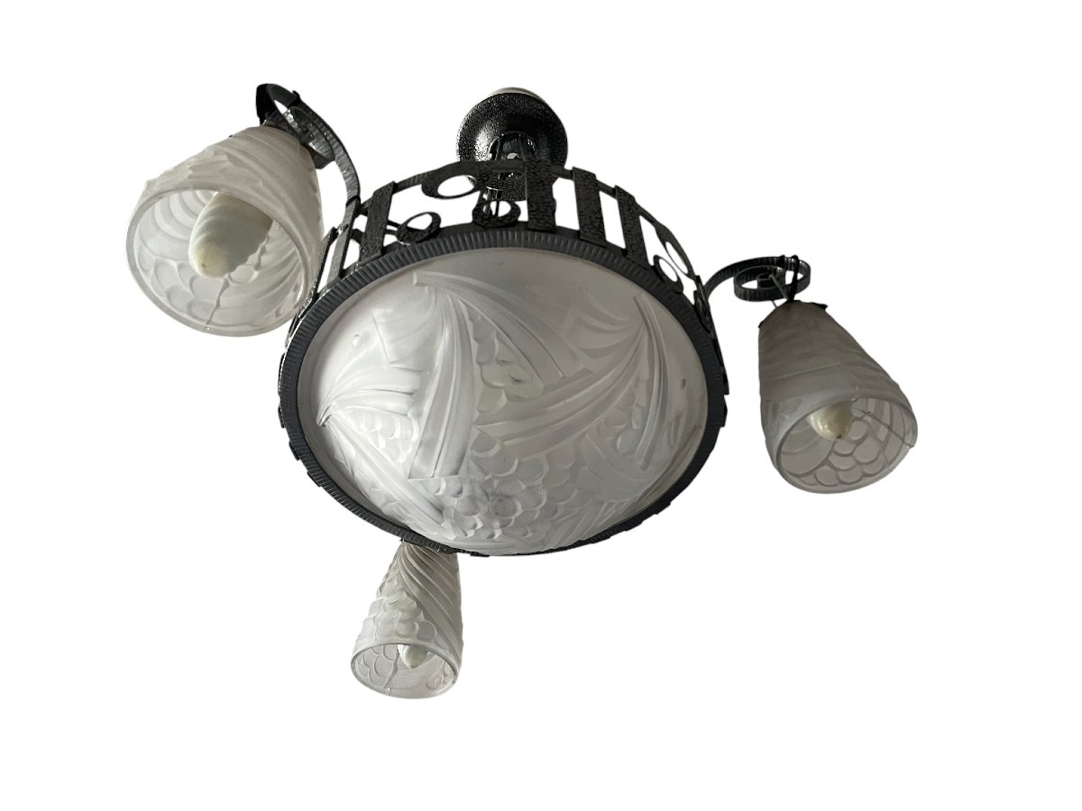 Art déco, lustre 4 feux fer forgé verre pressé Dugué Negra vers 1930-photo-6