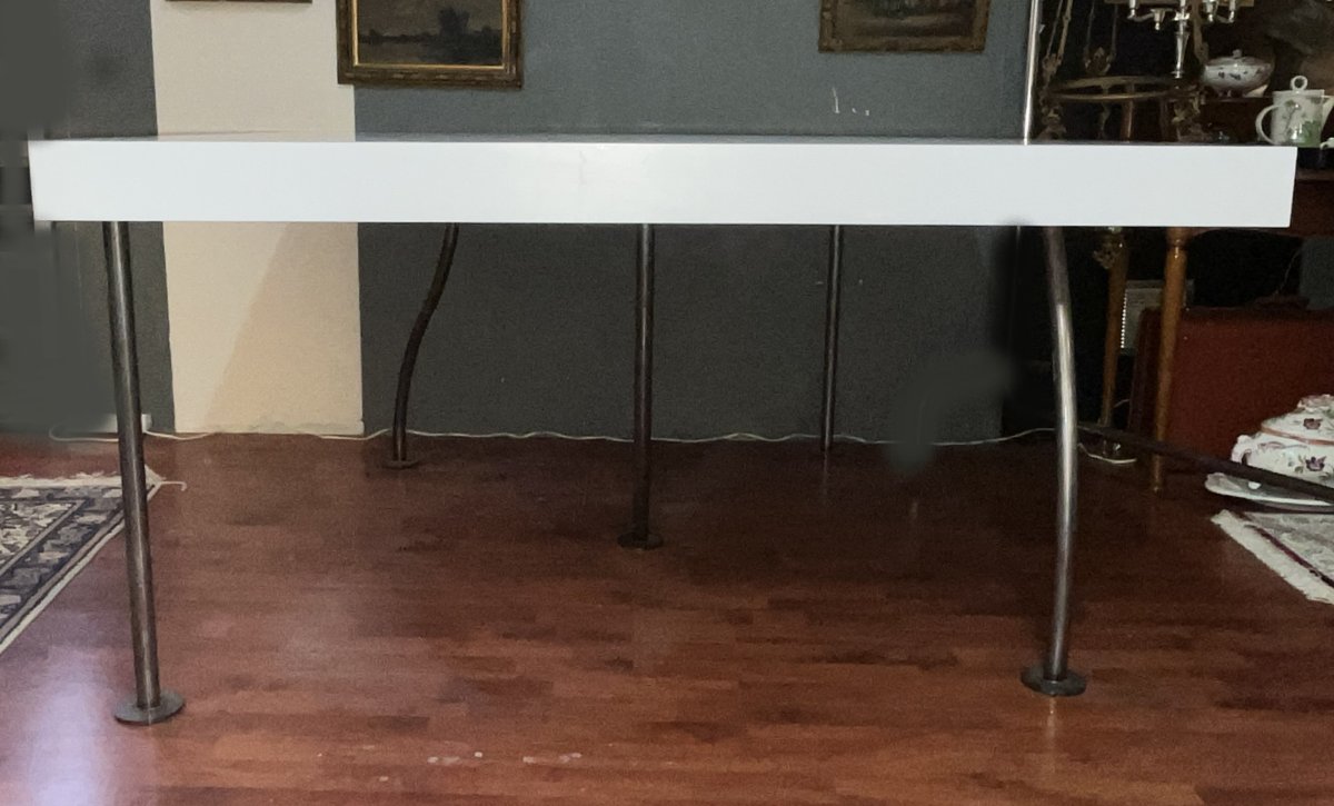 Designer Large Square Table With White Top And Asymmetrical Legs-photo-2