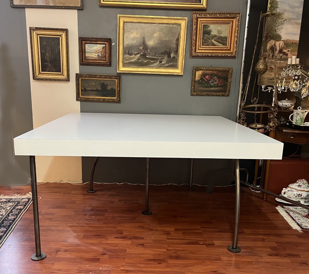 Designer Large Square Table With White Top And Asymmetrical Legs-photo-3