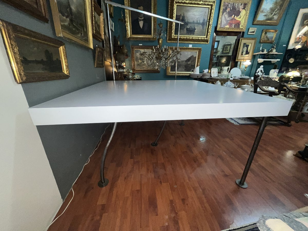 Designer Large Square Table With White Top And Asymmetrical Legs-photo-7