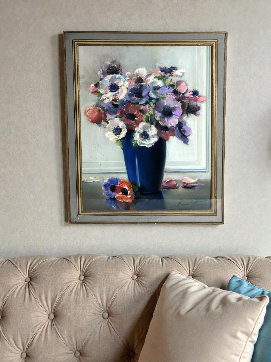 Buron Henri, Pastel Still Life Bouquet Of Anemones, Signed Circa 1950-photo-1