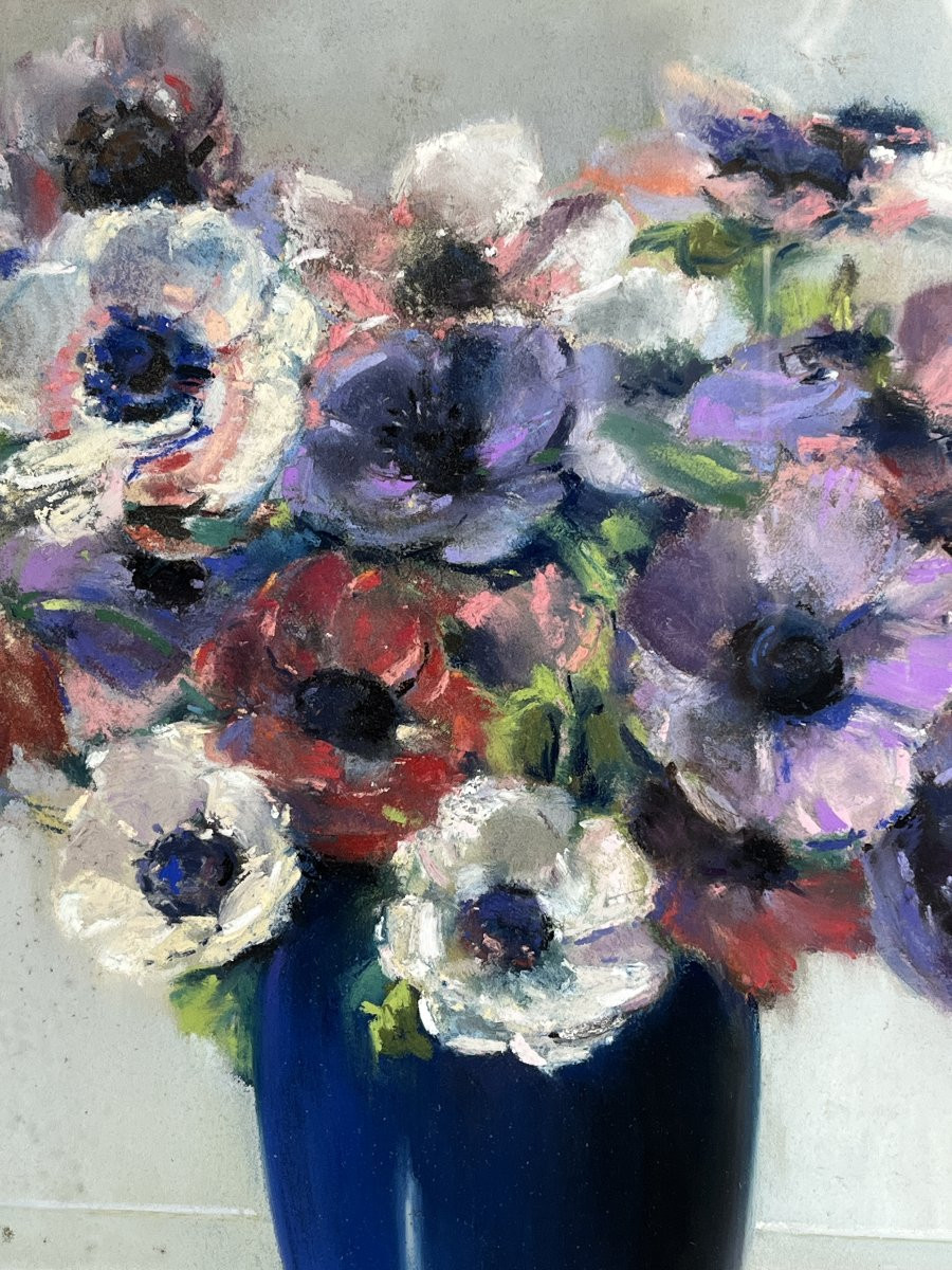 Buron Henri, Pastel Still Life Bouquet Of Anemones, Signed Circa 1950-photo-4