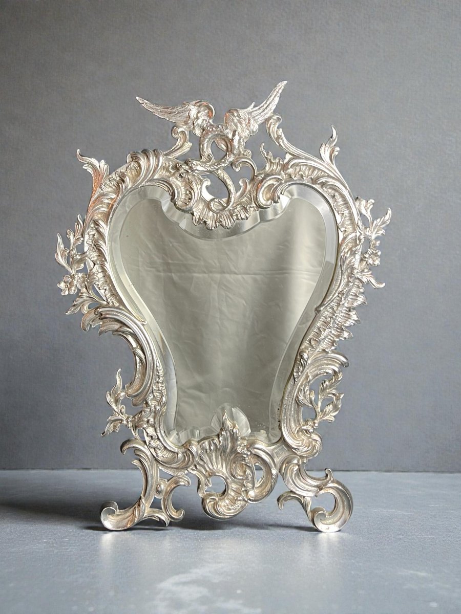 Louis XV Style Silvered Bronze Table Mirror, 19th Century-photo-1