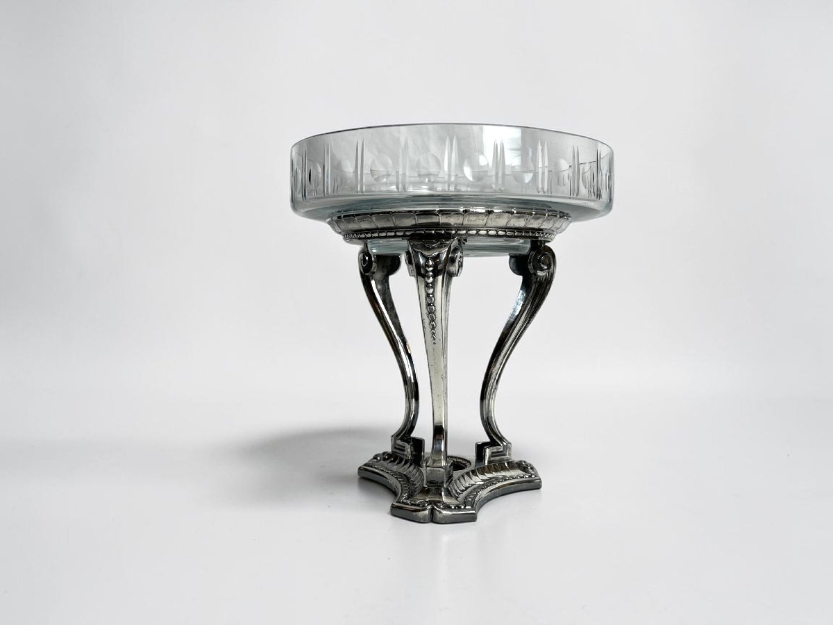 Art déco, coupe tripode métal argenté Gallia cristal vers 1930-photo-2