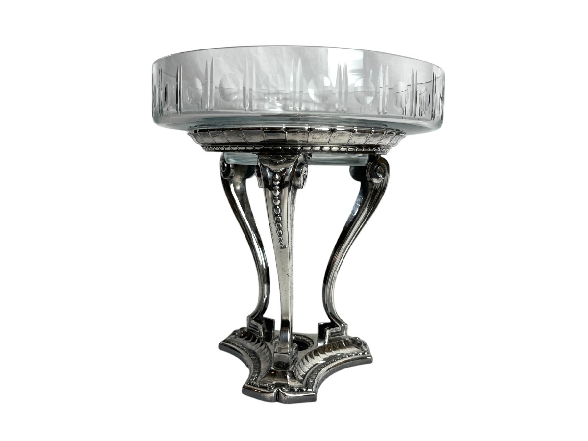 Art déco, coupe tripode métal argenté Gallia cristal vers 1930