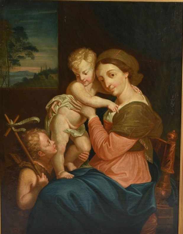 HST Ecole XVIIIème Vierge à l’enfant Jésus et St Jean-Baptiste d’après Raphaël-photo-2
