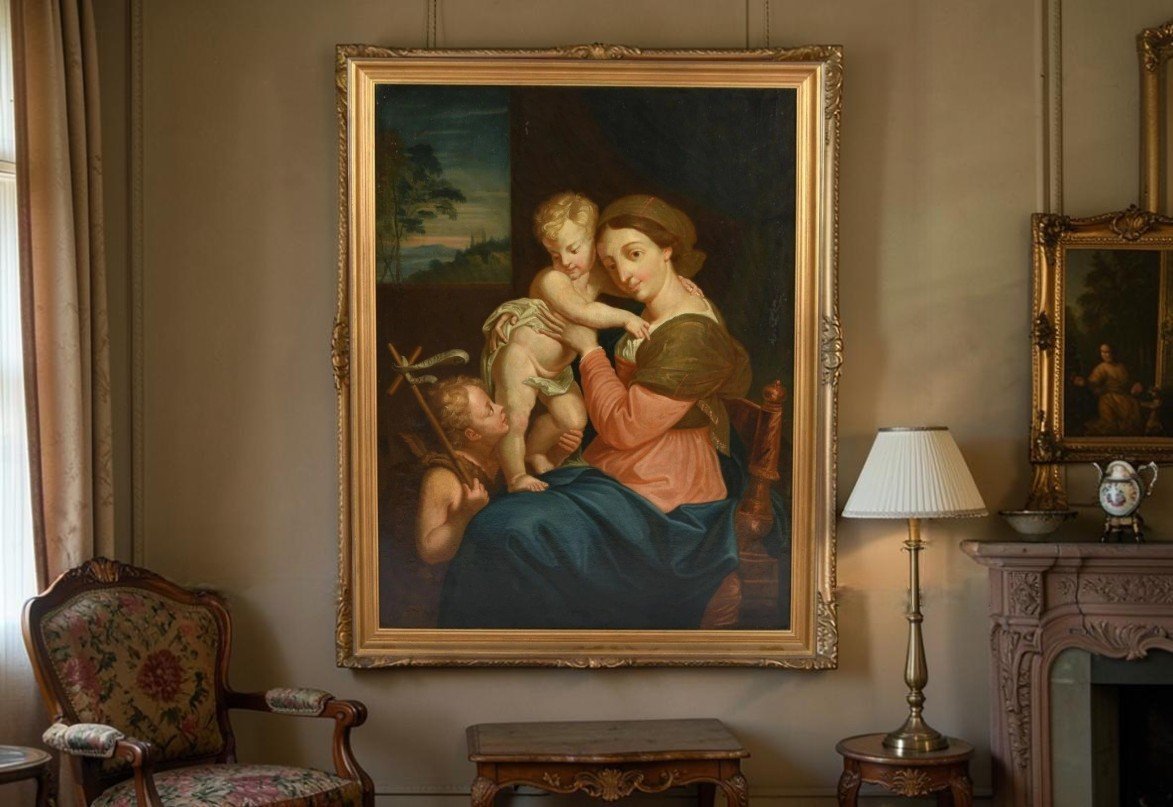 HST Ecole XVIIIème Vierge à l’enfant Jésus et St Jean-Baptiste d’après Raphaël-photo-1
