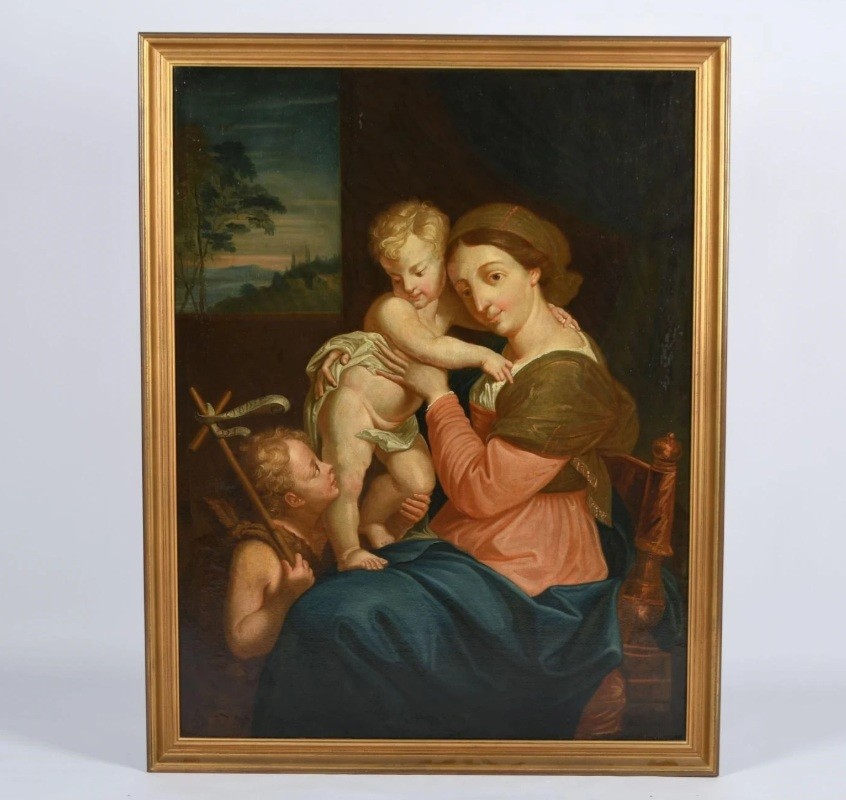 HST Ecole XVIIIème Vierge à l’enfant Jésus et St Jean-Baptiste d’après Raphaël