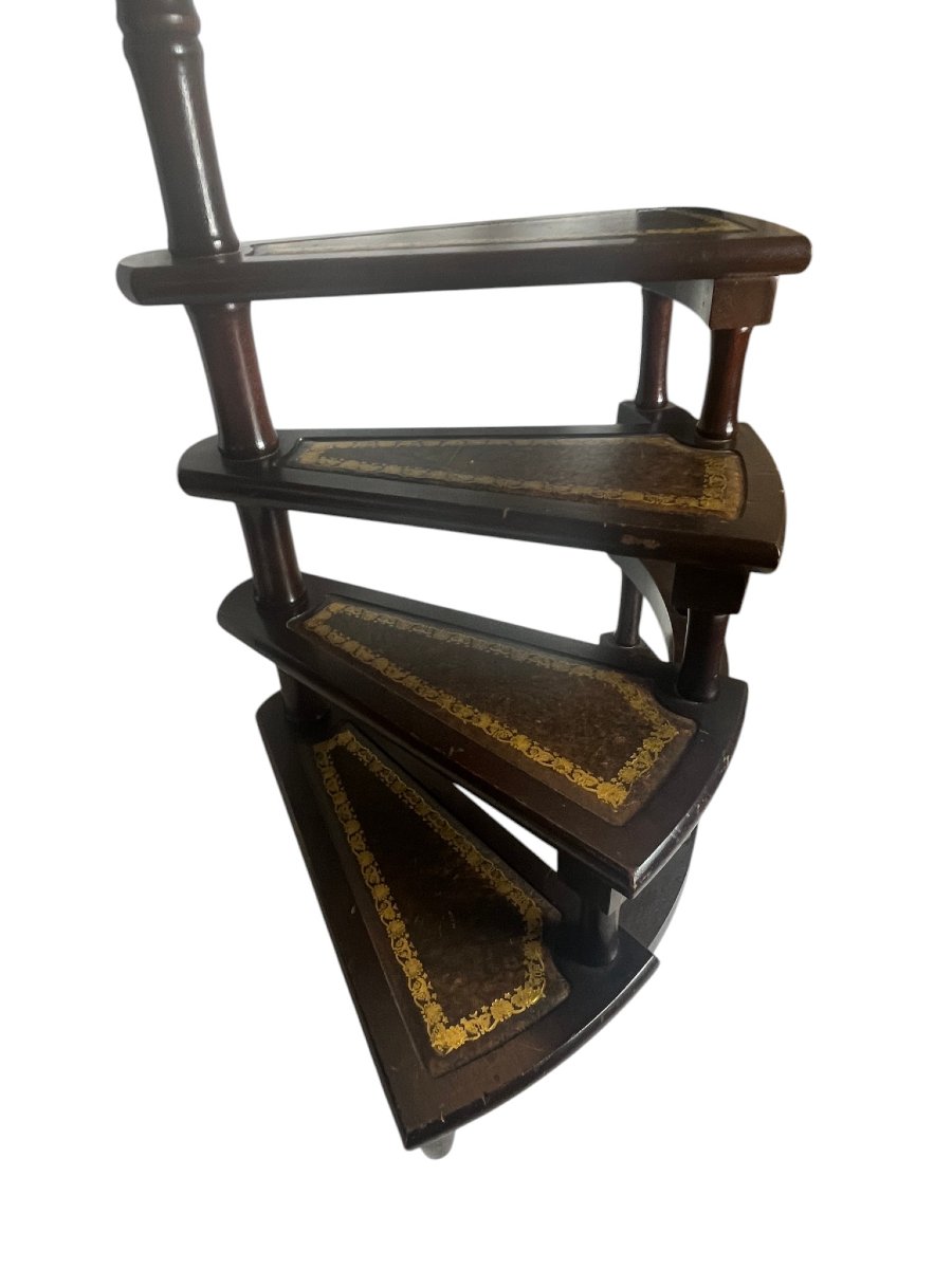 English Library Staircase, Wood And Leather, 20th Century-photo-2