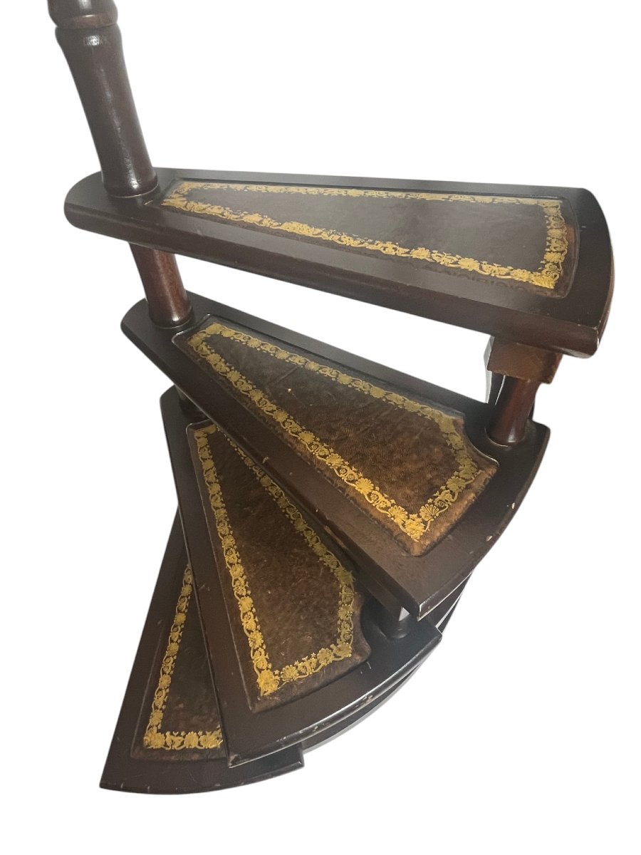 English Library Staircase, Wood And Leather, 20th Century-photo-3