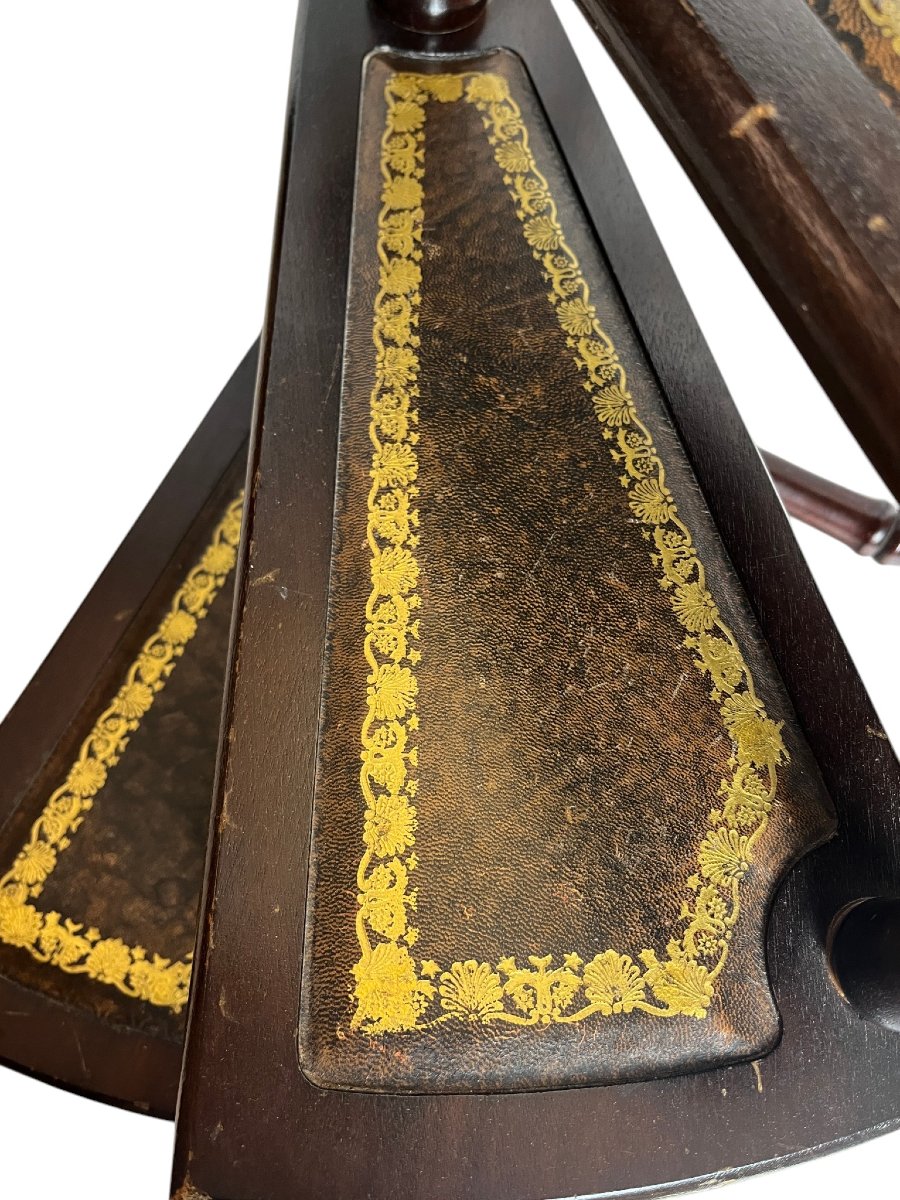 English Library Staircase, Wood And Leather, 20th Century-photo-4