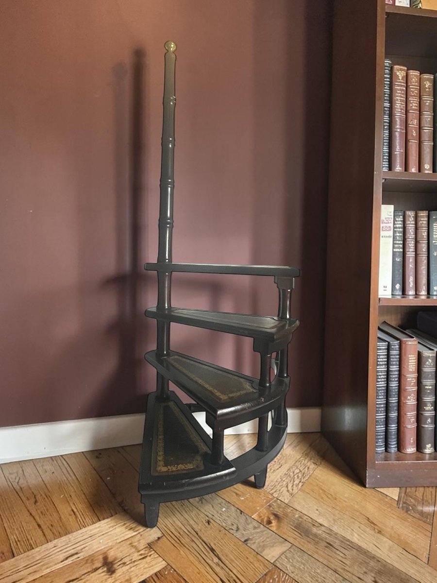 English Library Staircase, Wood And Leather, 20th Century-photo-1