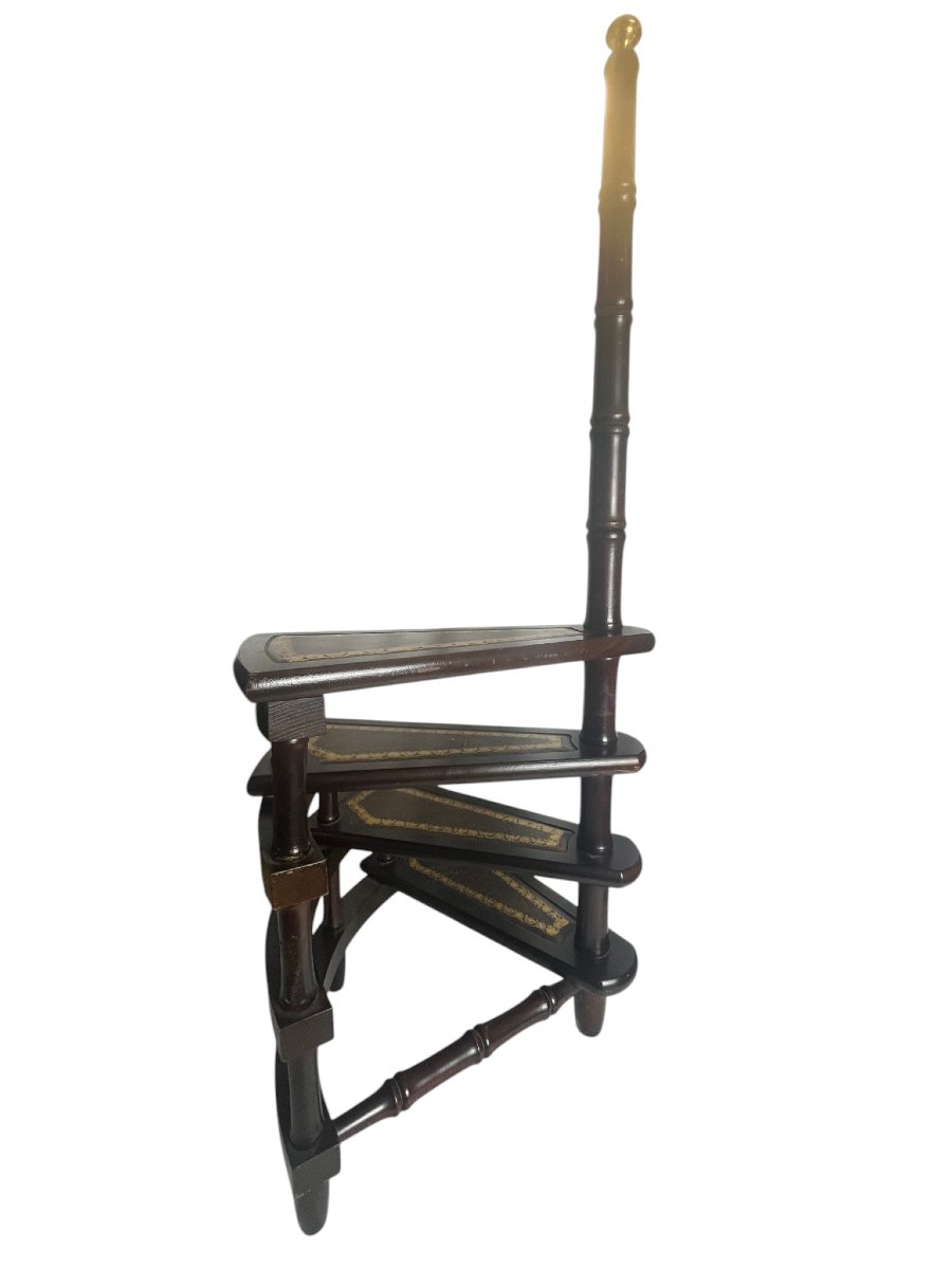 English Library Staircase, Wood And Leather, 20th Century-photo-3