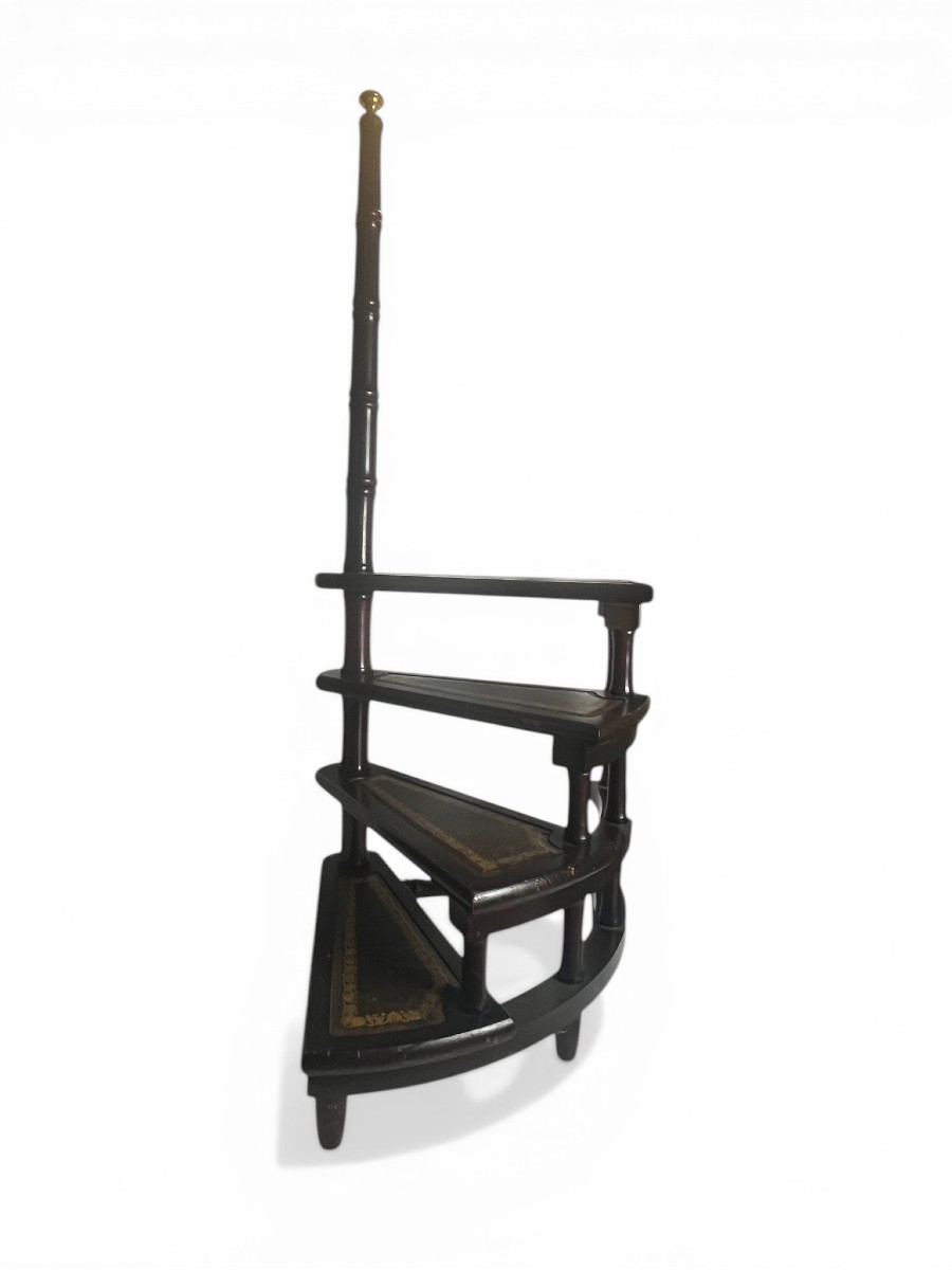 English Library Staircase, Wood And Leather, 20th Century