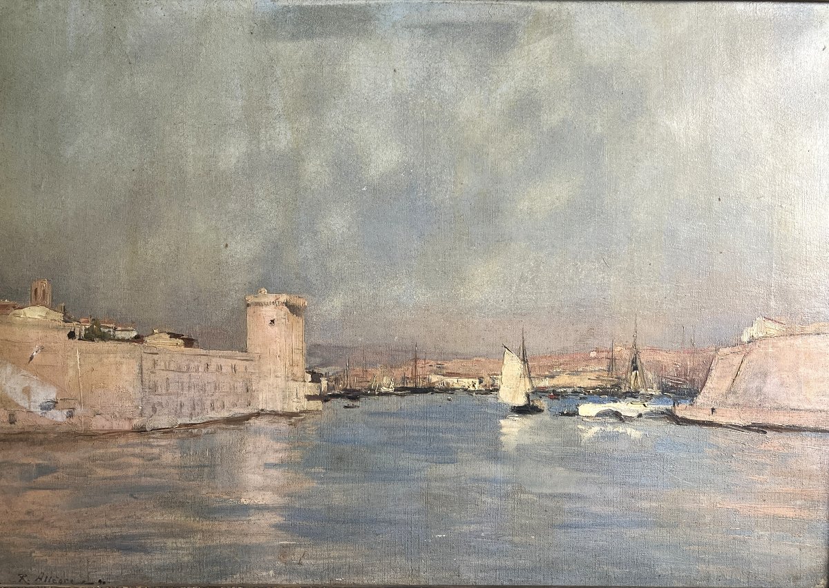 ALLEGRE Raymond, Huile sur toile Port de Marseille signée datée XIXème-photo-2
