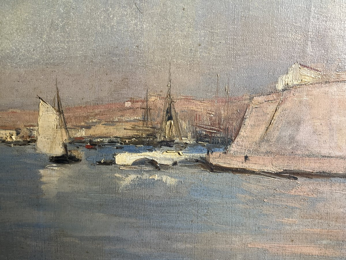 ALLEGRE Raymond, Huile sur toile Port de Marseille signée datée XIXème-photo-3