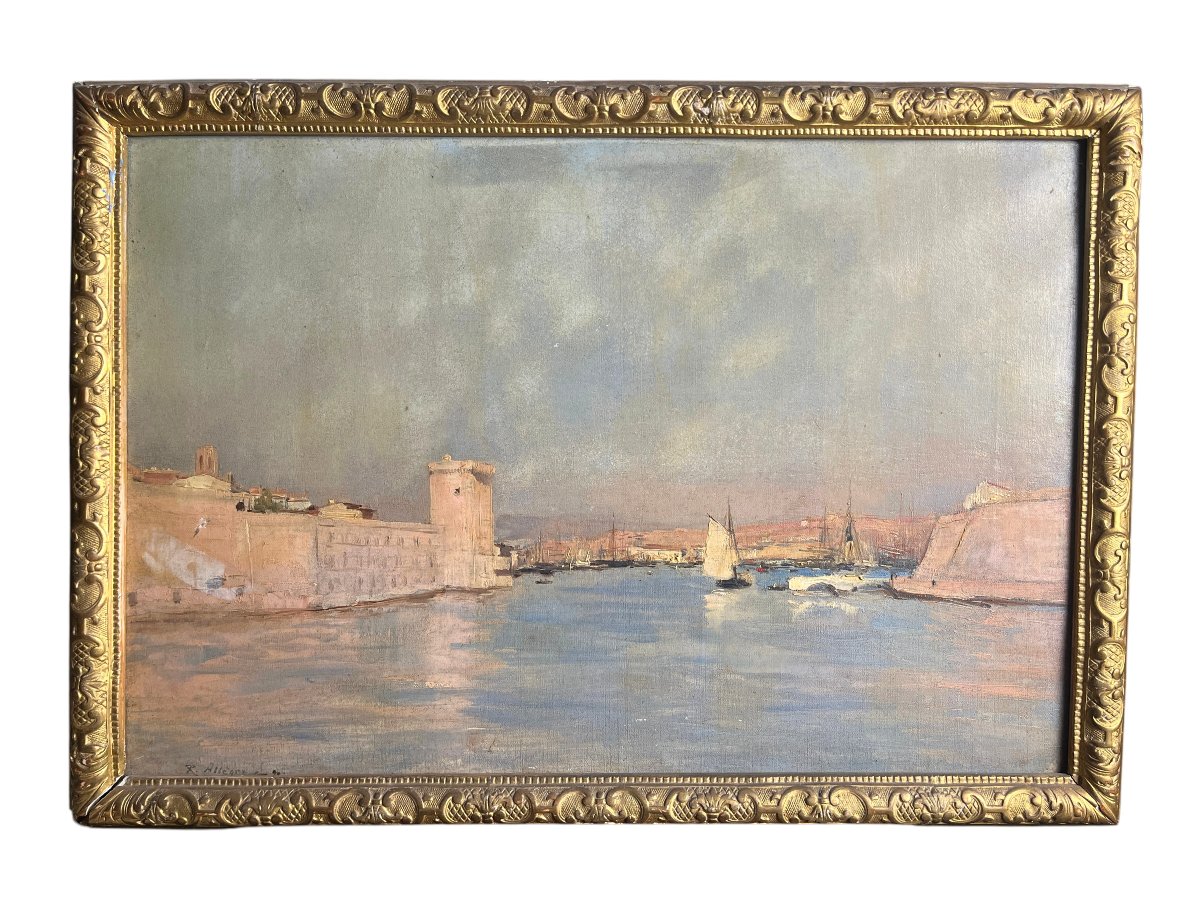ALLEGRE Raymond, Huile sur toile Port de Marseille signée datée XIXème-photo-3