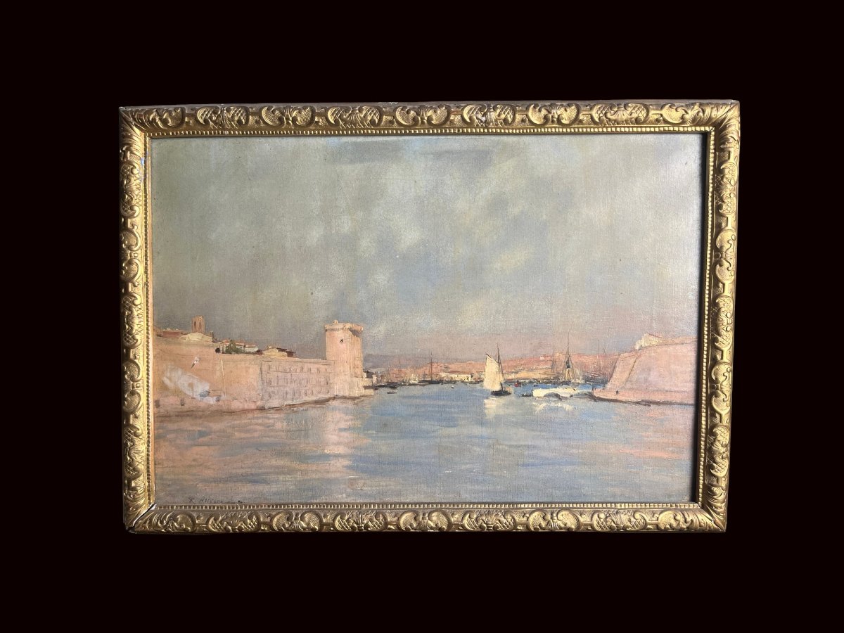 ALLEGRE Raymond, Huile sur toile Port de Marseille signée datée XIXème-photo-5