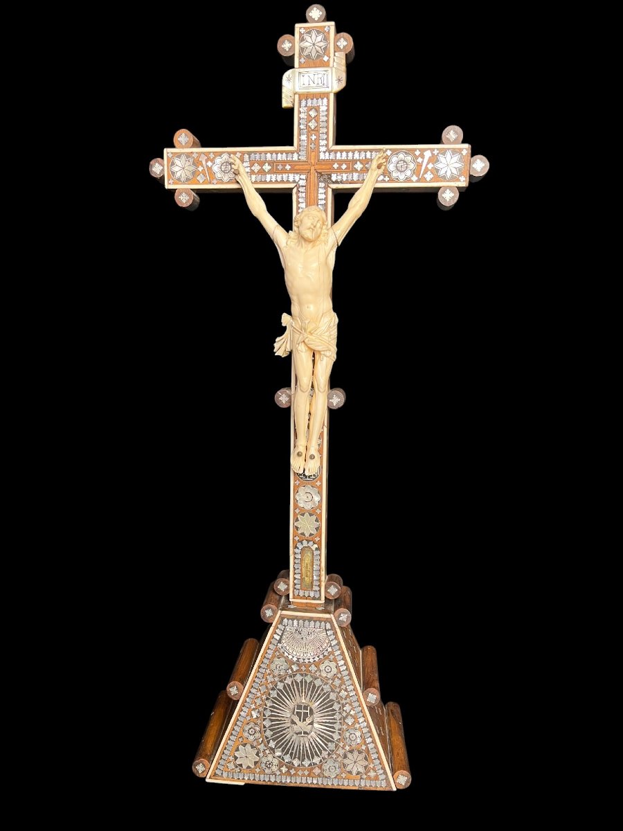 Antique Religious Object Christ Crucified Ivory Mother-of-pearl And Wood Jerusalem 19th Century-photo-2