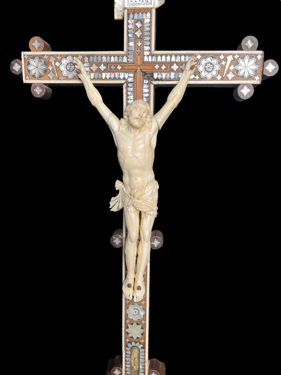 Antique Religious Object Christ Crucified Ivory Mother-of-pearl And Wood Jerusalem 19th Century-photo-3