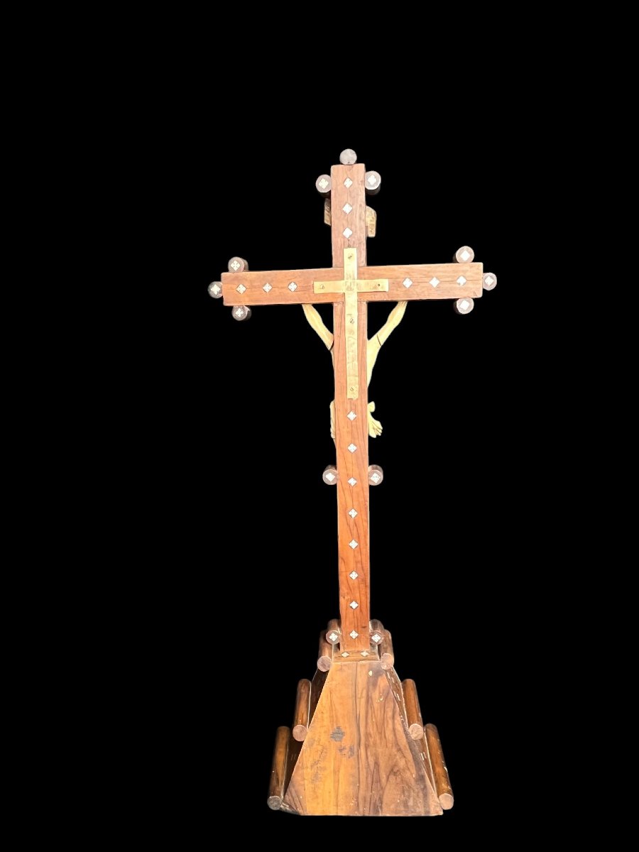 Antique Religious Object Christ Crucified Ivory Mother-of-pearl And Wood Jerusalem 19th Century-photo-5