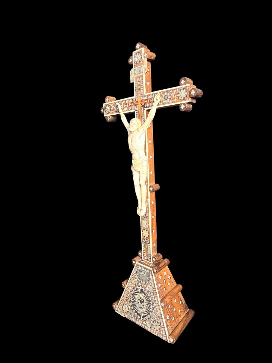 Antique Religious Object Christ Crucified Ivory Mother-of-pearl And Wood Jerusalem 19th Century-photo-6