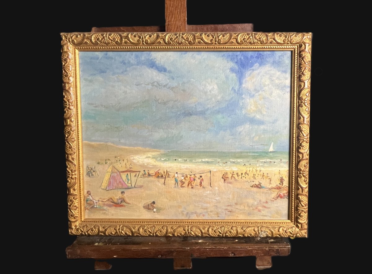Oil On Canvas Animated Beach Scene Normandy Framing 20th Century-photo-2