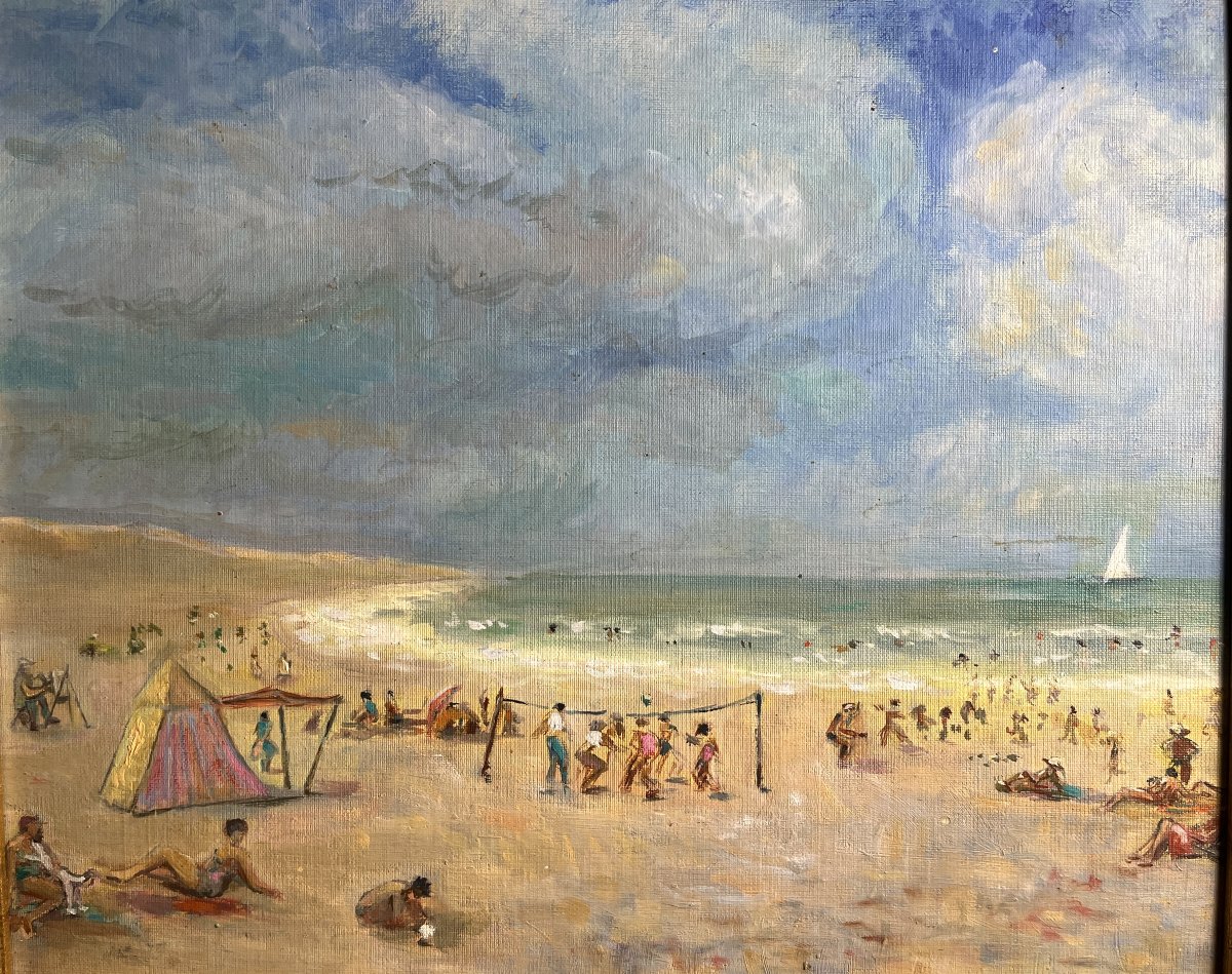 Oil On Canvas Animated Beach Scene Normandy Framing 20th Century-photo-4
