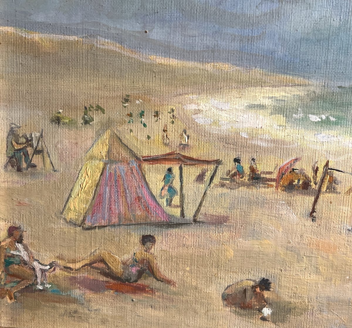 Oil On Canvas Animated Beach Scene Normandy Framing 20th Century-photo-1