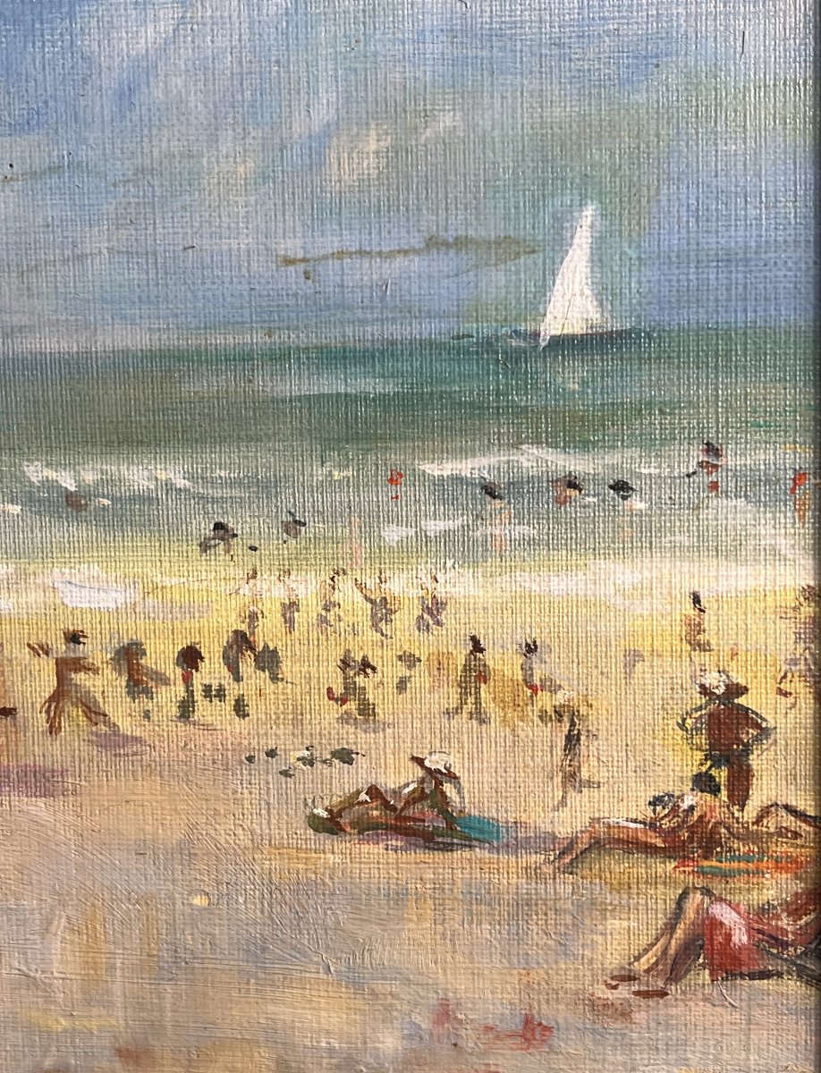 Oil On Canvas Animated Beach Scene Normandy Framing 20th Century-photo-2
