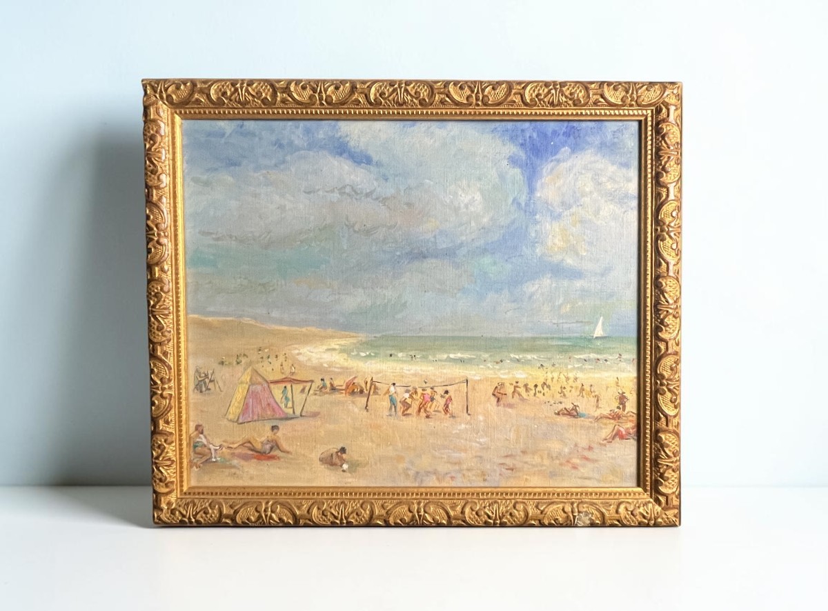 Oil On Canvas Animated Beach Scene Normandy Framing 20th Century