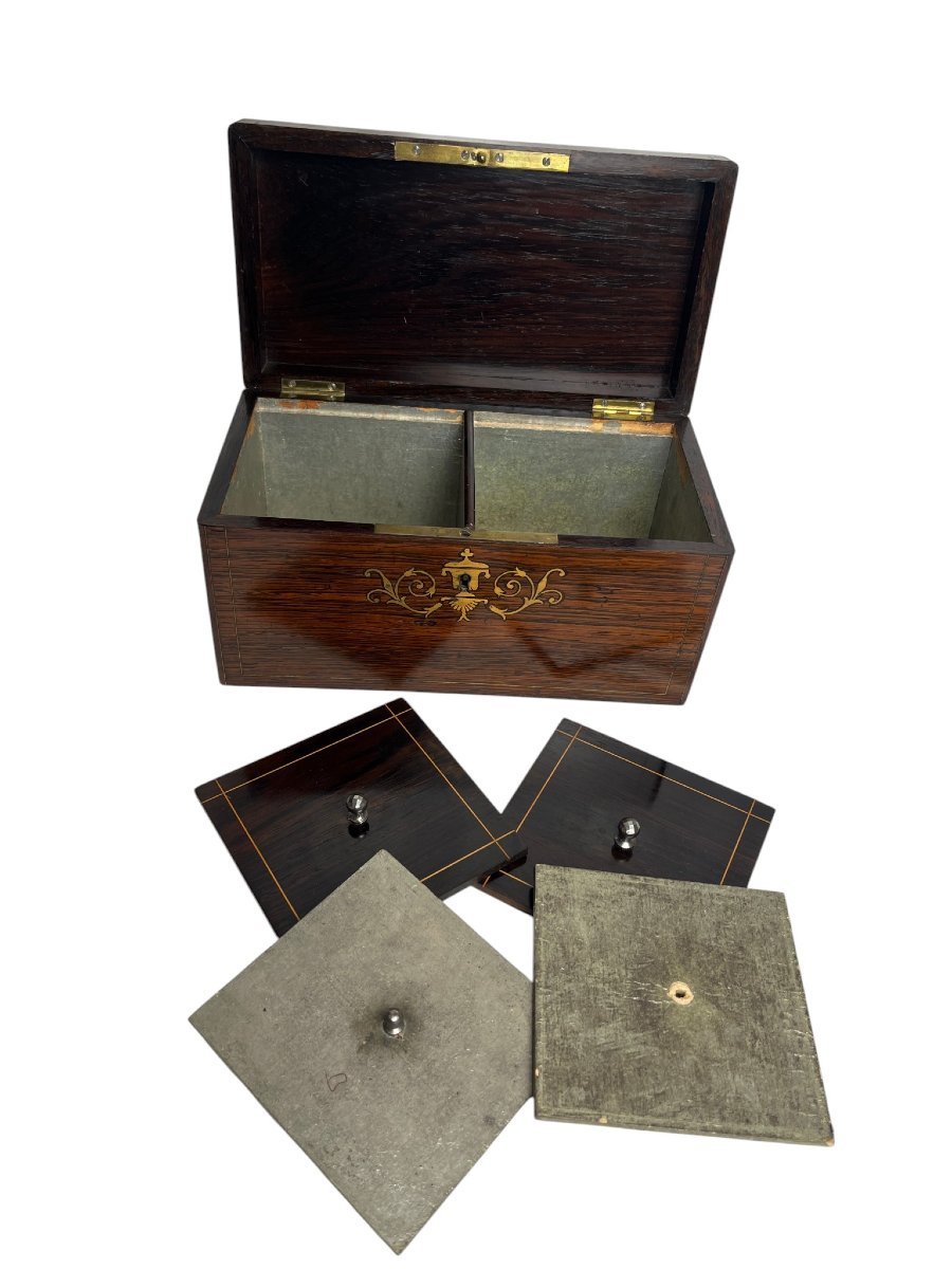 Ancien coffret à thé palissandre et marqueterie XIXème-photo-3