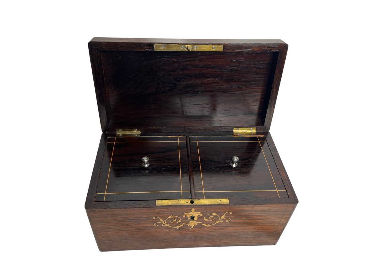 Ancien coffret à thé palissandre et marqueterie XIXème