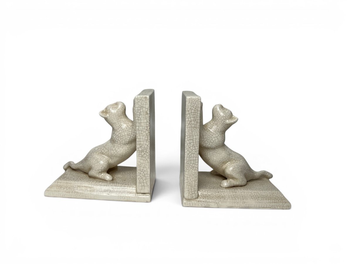 Art Deco, Pair Of Cracked Earthenware Bookends Cats Louvière Circa 1930-photo-2