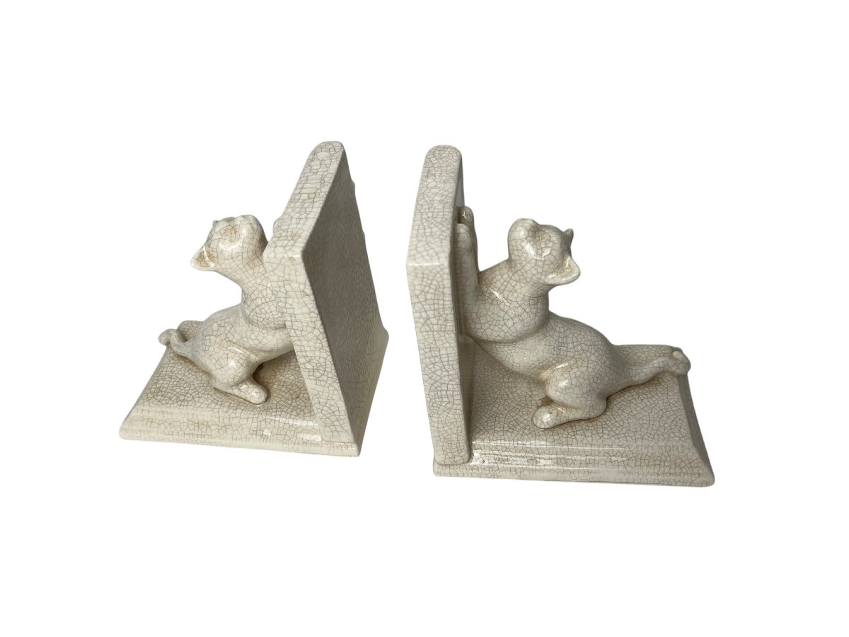 Art Deco, Pair Of Cracked Earthenware Bookends Cats Louvière Circa 1930-photo-3