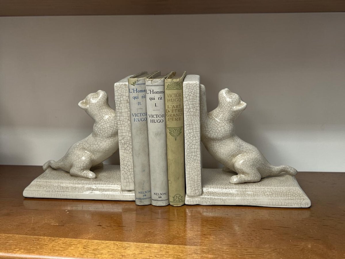 Art Deco, Pair Of Cracked Earthenware Bookends Cats Louvière Circa 1930-photo-1