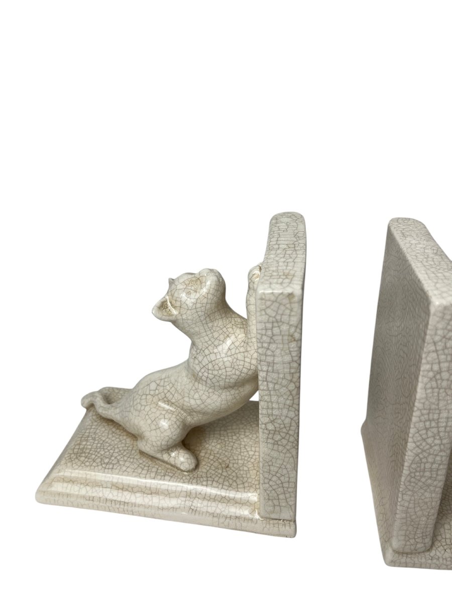 Art Deco, Pair Of Cracked Earthenware Bookends Cats Louvière Circa 1930-photo-2