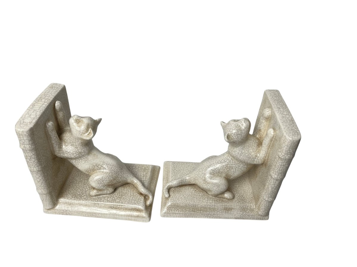 Art Deco, Pair Of Cracked Earthenware Bookends Cats Louvière Circa 1930-photo-4