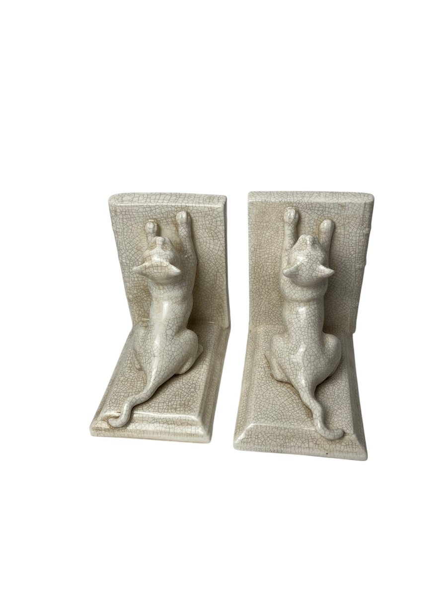 Art Deco, Pair Of Cracked Earthenware Bookends Cats Louvière Circa 1930-photo-5