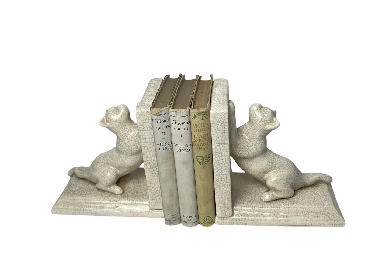 Art Deco, Pair Of Cracked Earthenware Bookends Cats Louvière Circa 1930