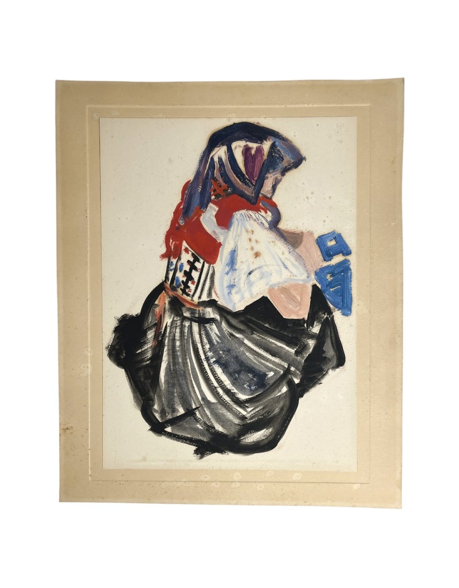 Mathurin Méheut (attributed To), Gouache On Paper Breton Woman 20th Century-photo-2