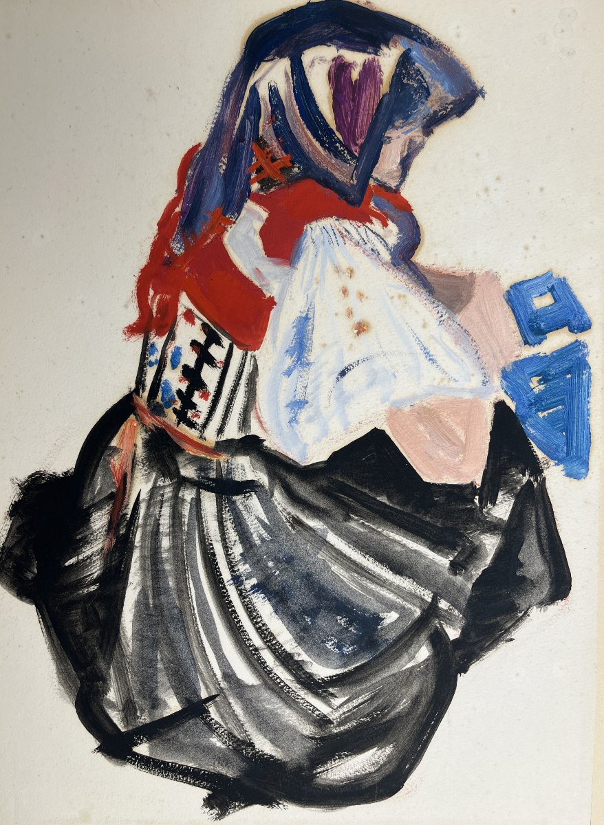 Mathurin Méheut (attributed To), Gouache On Paper Breton Woman 20th Century-photo-3