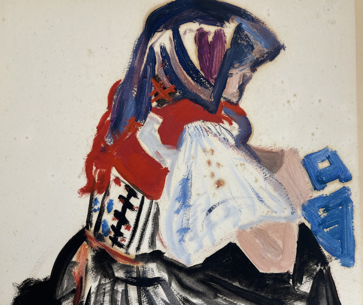 Mathurin Méheut (attributed To), Gouache On Paper Breton Woman 20th Century-photo-4