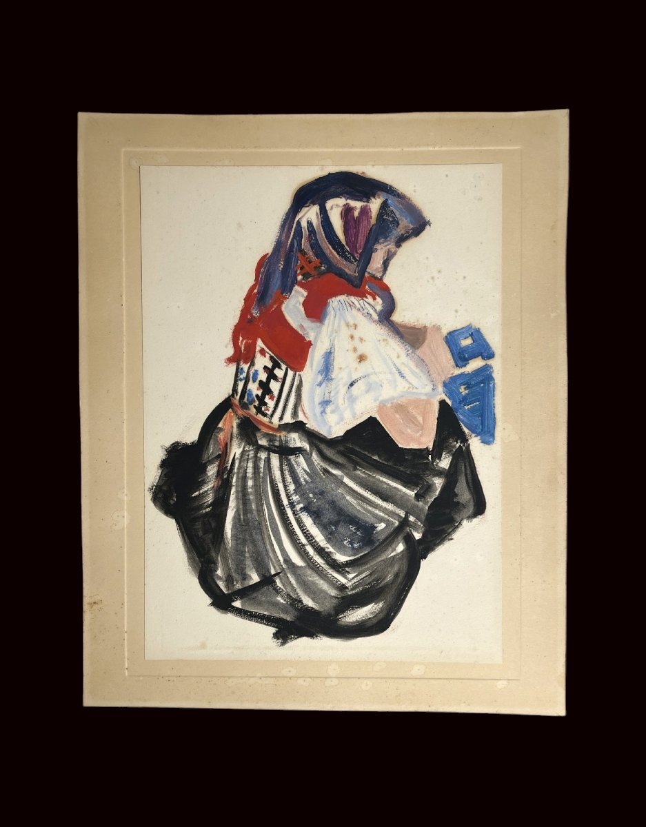 Mathurin Méheut (attributed To), Gouache On Paper Breton Woman 20th Century-photo-2