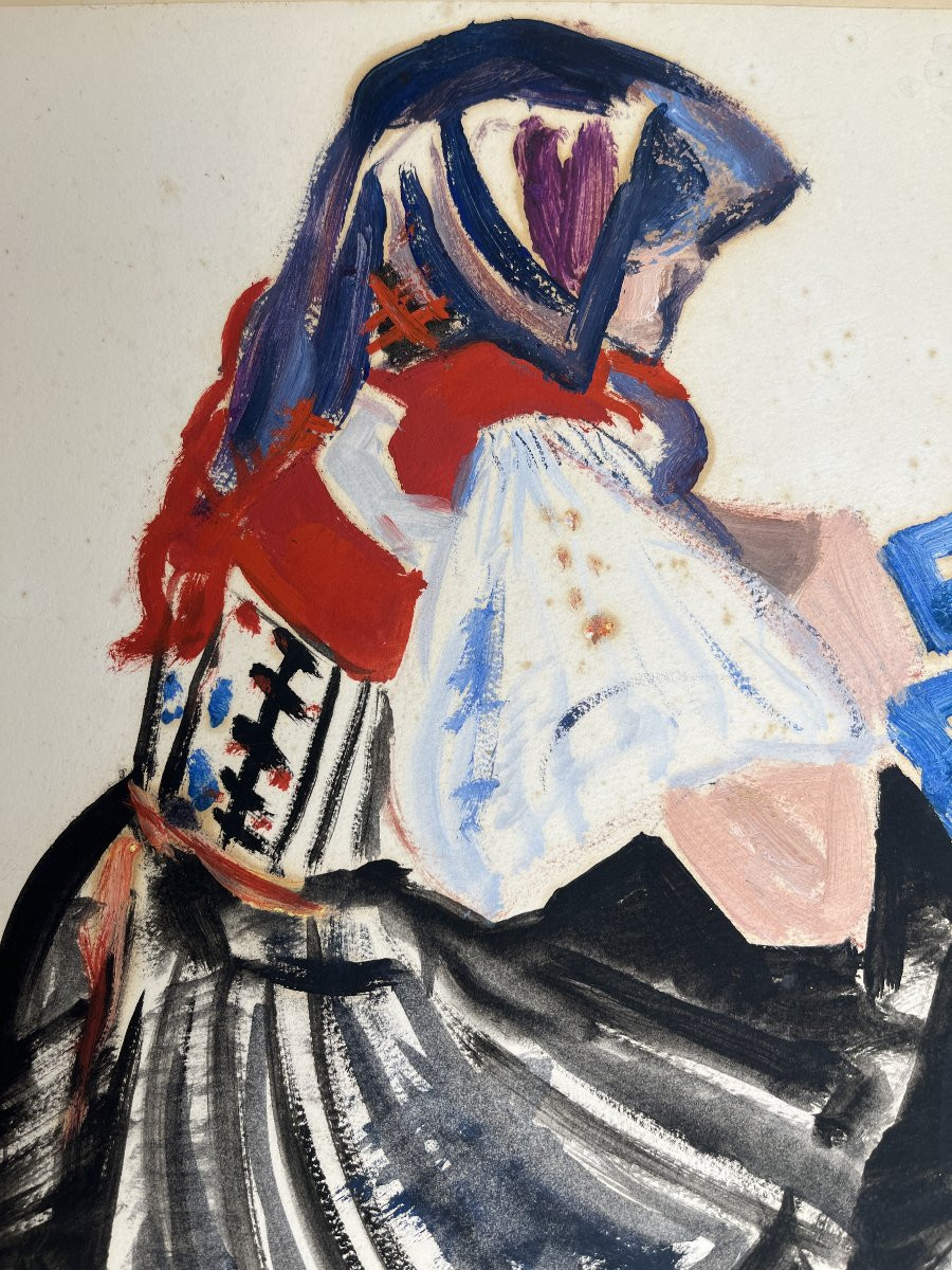 Mathurin Méheut (attributed To), Gouache On Paper Breton Woman 20th Century-photo-4