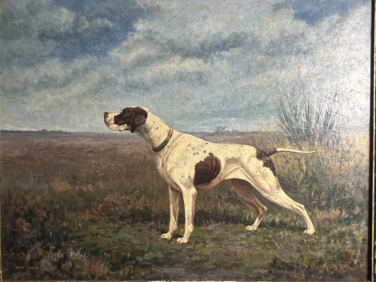 Thévenin, Oil On Canvas Dog At A Standstill Signed Late 19th Century-photo-2