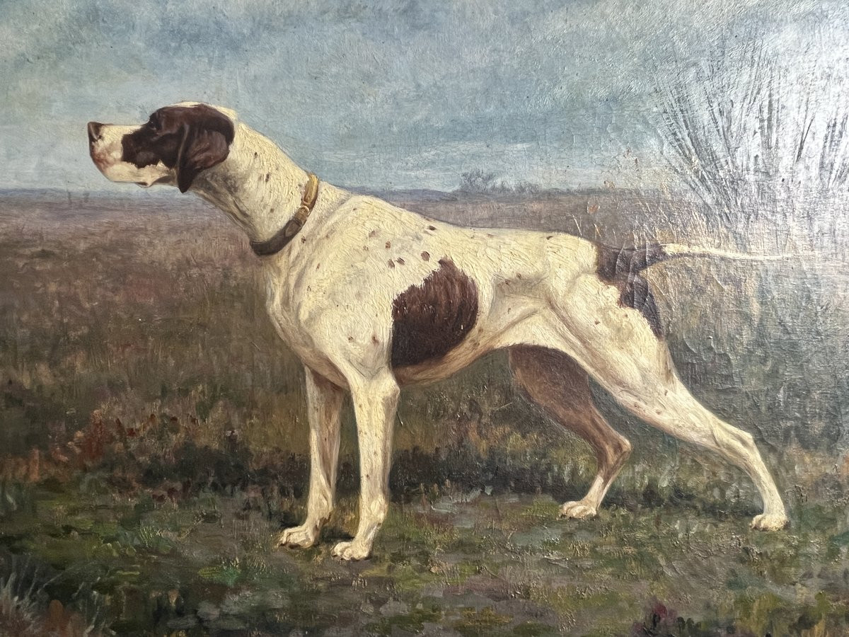 Thévenin, Oil On Canvas Dog At A Standstill Signed Late 19th Century-photo-3