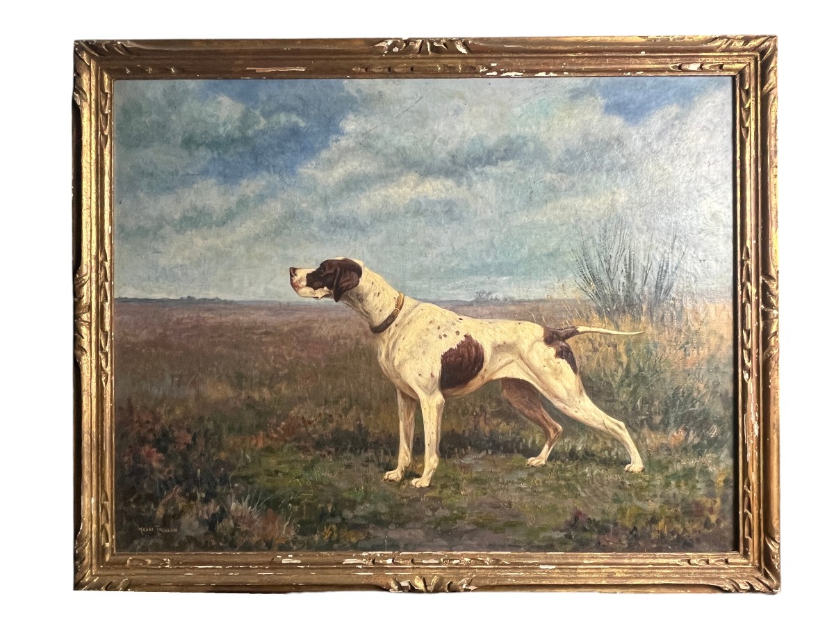 Thévenin, Oil On Canvas Dog At A Standstill Signed Late 19th Century