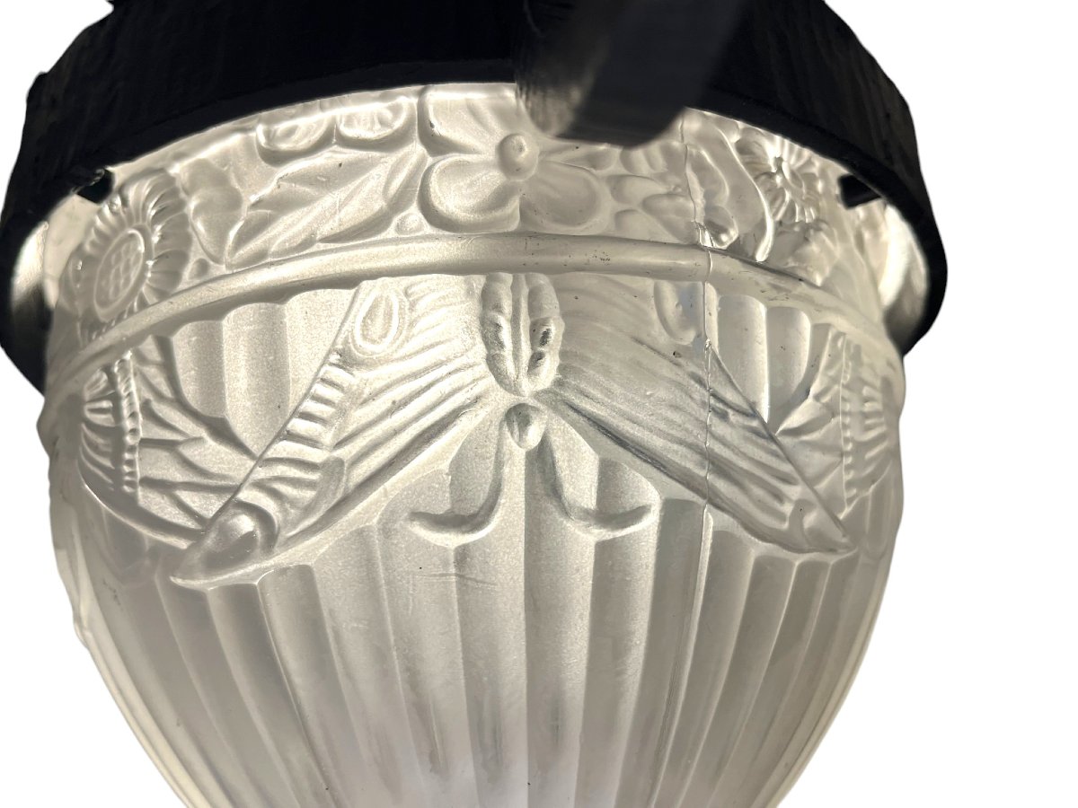 Art Deco, 5-light Chandelier In Molded Glass With Butterfly Decoration, Wrought Iron, Circa 1930-photo-3